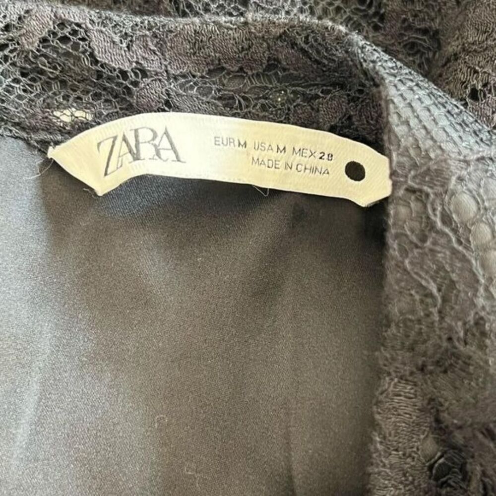 Zara Black Lace Mini Dress With Ruffled Yoke & Sheer Sleeves Size M - Picture 7 of 8